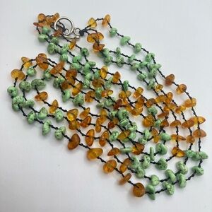 Vtg Sterling Amber Turquoise Pale Green Stone Multi Strand Knotted Silk 18”